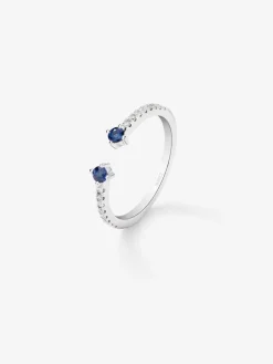 Anillo abierto de oro blanco de 18K con zafiro y diamante