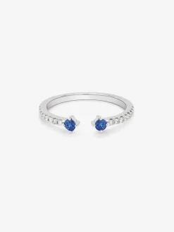 Anillo abierto de oro blanco de 18K con zafiro y diamante