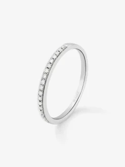 Anillo alianza media de compromiso de oro blanco de 18K con diamantes en banda