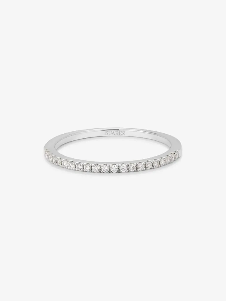Anillo alianza media de compromiso de oro blanco de 18K con diamantes