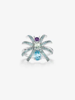 Anillo ara&ntilde;a de plata con topacios y amatistas