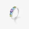 Anillo cinquillo de plata 925 con 2 peridotos, una amatista morada, y topacios azul swiss en talla brillante