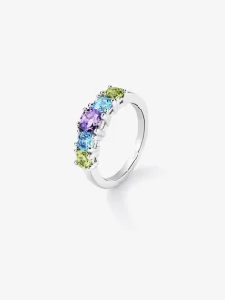 Anillo cinquillo de plata 925 con 2 peridotos, una amatista morada, y topacios azul swiss en talla brillante