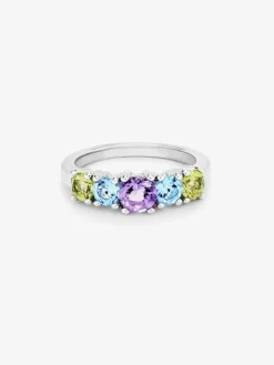Anillo cinquillo de plata 925 con 2 peridotos, una amatista morada, y topacios azul swiss en talla brillante