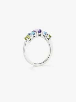 Anillo cinquillo de plata 925 con 2 peridotos, una amatista morada, y topacios azul swiss en talla brillante