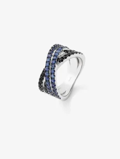 Anillo cruzado de doble brazo de plata 925 con 36 zafiros azules en talla brillante con un total de 1,26 cts y 22 espinelas negras con un total de 0,63 cts