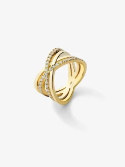 Anillo cruzado de oro amarillo de 18K con 40 diamantes en talla brillante con un total de 0,57 cts