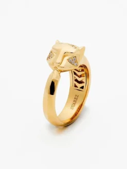 Anillo de oro amarillo de 18K con 26 diamantes en talla brillante con un total de 0,08 cts y forma de tigre