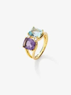 Anillo de oro amarillo de 18kt con diamantes, topacios Sky y amatistas