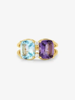 Anillo de oro amarillo de 18kt con diamantes, topacios Sky y amatistas