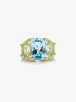 Anillo de oro amarillo de 18K con topacio azul sky en talla cushion de 5,5 cts, amatistas verdes en talla oval de 4,65 cts y diamantes blancos en talla brillante de 0,15 cts