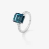 Anillo de oro blanco de 18K con topacio azul london en talla octogonal de 3,74 cts y 16 diamantes en talla brillante con un total 0,19 cts