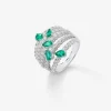 Anillo de oro blanco de 18K con 60 diamantes en talla brillante de con un total 1,02 cts y 5 esmeraldas verdes en talla pera con un total de 0,92 cts