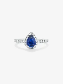 Anillo de oro blanco de 18K con zafiro azul en talla pera de 4,17 cts y 34 diamantes en talla brillante con un total de 0,63 cts