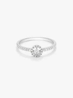 Anillo de oro blanco de 18K con diamante central en talla brillante en talla brillante de 0,06 cts y orla y brazo de 33 diamantes en talla brillante con un total de 0,18 cts