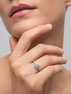 Anillo de oro blanco de 18K con diamante central en talla brillante de 0,5 cts y orla y brazo de 32 diamantes en talla brillante con un total de 0,32 cts