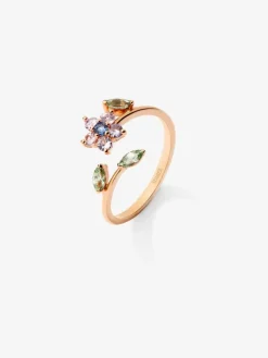 Anillo de oro rosa de 18K con 9 zafiros rosas, verdes y azules en talla brillante y marquise con un total de 0,55 cts