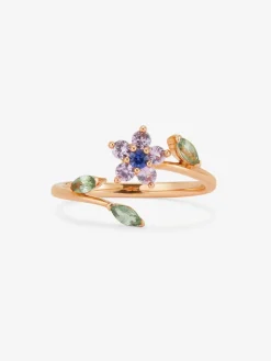 Anillo de oro rosa de 18K con 9 zafiros rosas, verdes y azules en talla brillante y marquise con un total de 0,55 cts