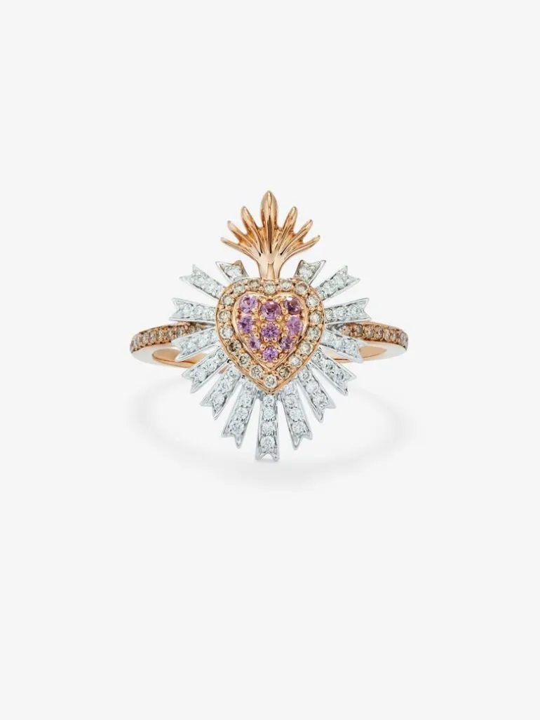 Anillo de oro rosa y blanco de 18K con 9 zafiros rosas en talla brillante con un total de 0,1 cts, 46 diamantes en talla brillante con un total de 0,17 cts y 40 diamantes marrones en talla brillante con un total de 0,17 cts