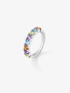 Anillo de plata 925 con peridotos, amatistas moradas, cuarzos citrinos y topacios azul swiss en talla brillante