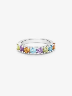 Anillo de plata 925 con peridotos, amatistas moradas, cuarzos citrinos y topacios azul swiss en talla brillante