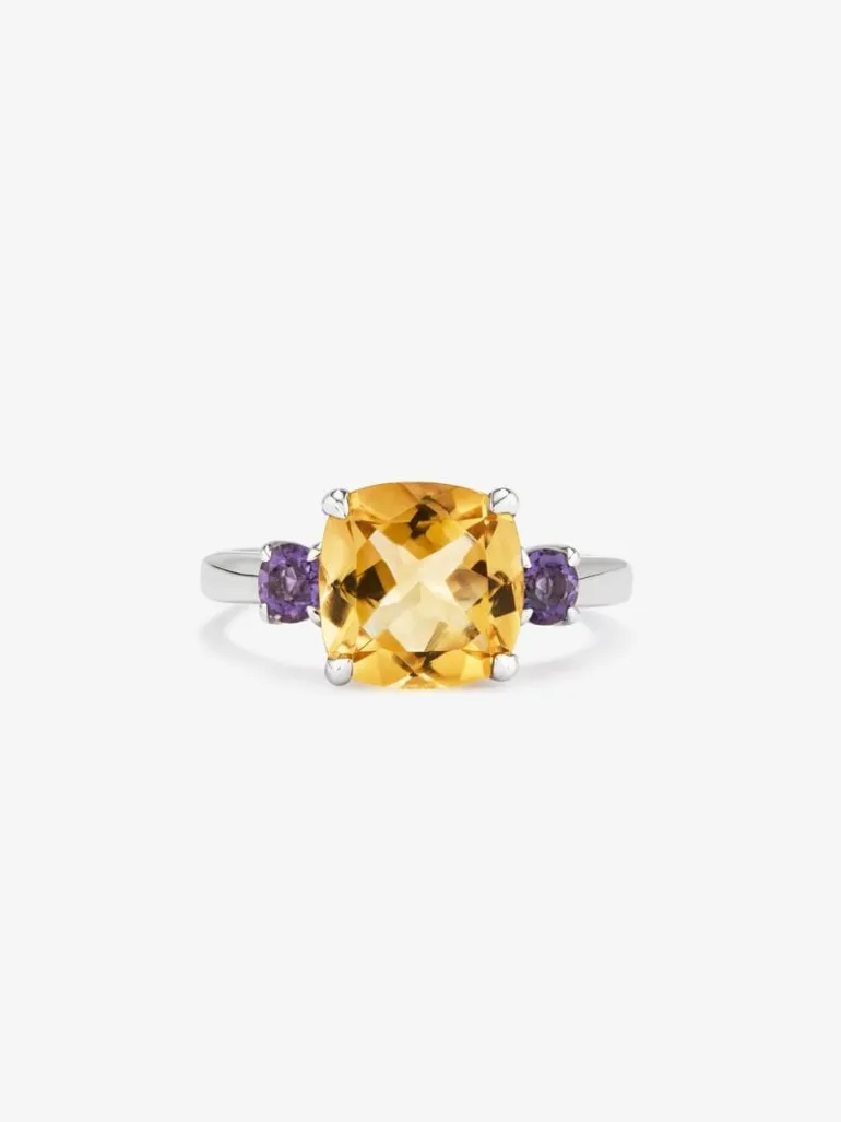 Anillo de plata con citrino central y amatistas moradas