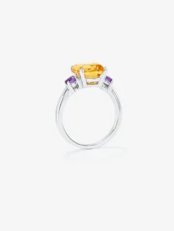 Anillo de plata con citrino central y amatistas moradas