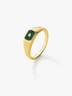 Anillo de sello peque&ntilde;o de oro amarillo de 18K con malaquita verde de 0,2 cts y diamante en talla brillante de 0,01 cts