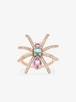 Anillo insecto de oro rosa de 18K con diamante y turmalina