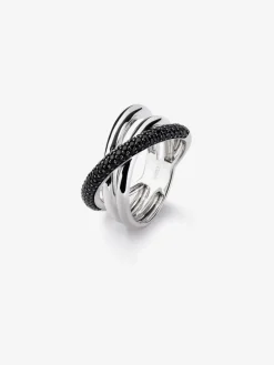 Anillo multibrazo cruzado de plata 925 con espinelas negras en talla brillante