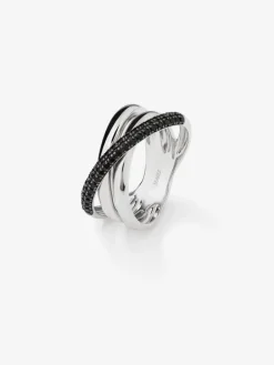 Anillo multibrazo cruzado de plata 925 con espinelas negras en talla brillante