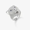 Anillo puma de oro blanco de 18kt con diamantes y zafiros azules