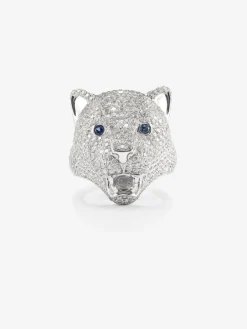 Anillo puma de oro blanco de 18kt con diamantes y zafiros azules