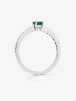 Anillo solitario de oro blanco de 18K con esmeralda y diamante