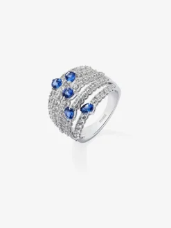 Anillo tú y yo de oro blanco de 18K con 5 zafiros azules en talla pera con un total de 1,13 cts y 60 diamantes en talla brillante con un total de 1 cts