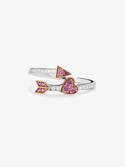 Anillo tú y yo de oro blanco y rosa de 18K con corazón y flecha, diamantes blancos y zafiros rosas