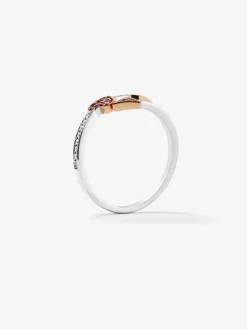 Anillo tú y yo de oro blanco y rosa de 18K con corazón y flecha, diamantes blancos y zafiros rosas