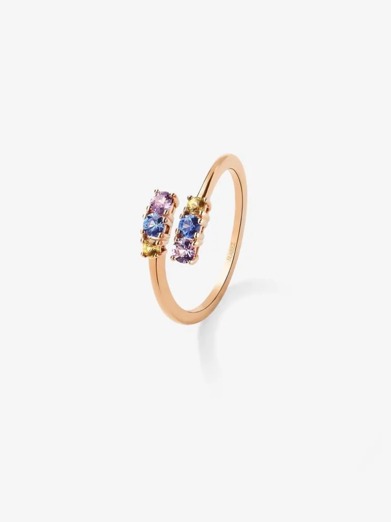 Anillo tú y yo de oro rosa de 18K con 6 zafiros multicolor con un total de 0,49 cts