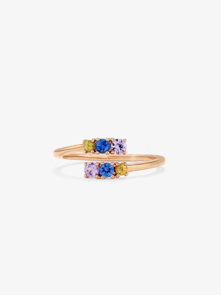 Anillo tú y yo de oro rosa de 18K con 6 zafiros multicolor con un total de 0,49 cts