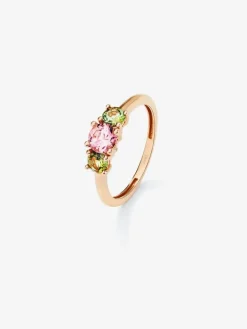 Anillo tresillo de oro rosa de 18K con 3 turmalinas multicolor en talla brillante