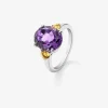 Anillo tresillo de plata 925 con amatista morada en talla oval y 2 cuarzos citrinos en talla brillante