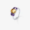 Anillo tresillo de plata 925 con cuarzo citrino en talla oval  y 2 amatistas moradas en talla oval