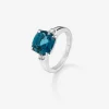 Anillo tresillo de plata 925 con topacio azul london en talla cushion de 5,08 cts y 2 diamantes en talla brillante con un total de 0,12 cts