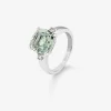 Anillo tresillo de plata 925 con amatista verde en talla cushion de 3,95 cts y 2 diamantes en talla brillante con un total de 0,12 cts