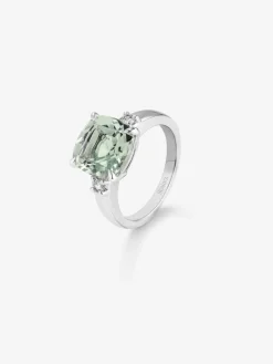 Anillo tresillo de plata 925 con amatista verde en talla cushion de 3,95 cts y 2 diamantes en talla brillante con un total de 0,12 cts