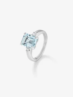 Anillo tresillo de plata con piedra topacio azul Sky central de 3,60cts y diamantes