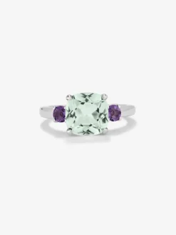 Anillo tresillo de plata 925 con amatista verde y morada
