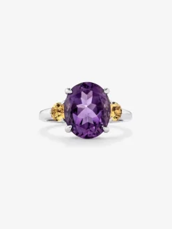 Anillo tresillo de plata 925 con amatista morada en talla oval y 2 cuarzos citrinos en talla brillante