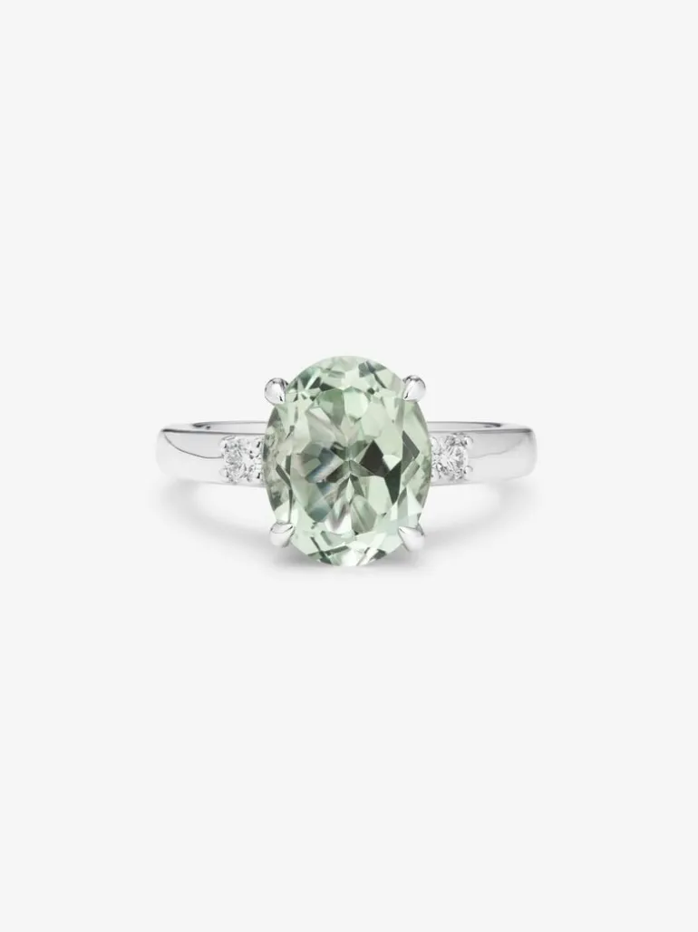 Anillo tresillo de plata 925 con amatista verde y diamantes