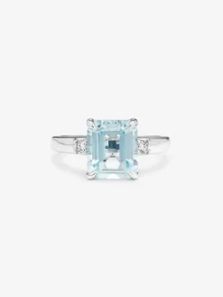 Anillo tresillo de plata con piedra topacio azul Sky central de 3,60cts y diamantes